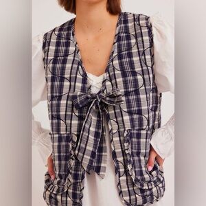 Damson Madder Arte tie gilet vest in navy check organic cotton size 8 (small)